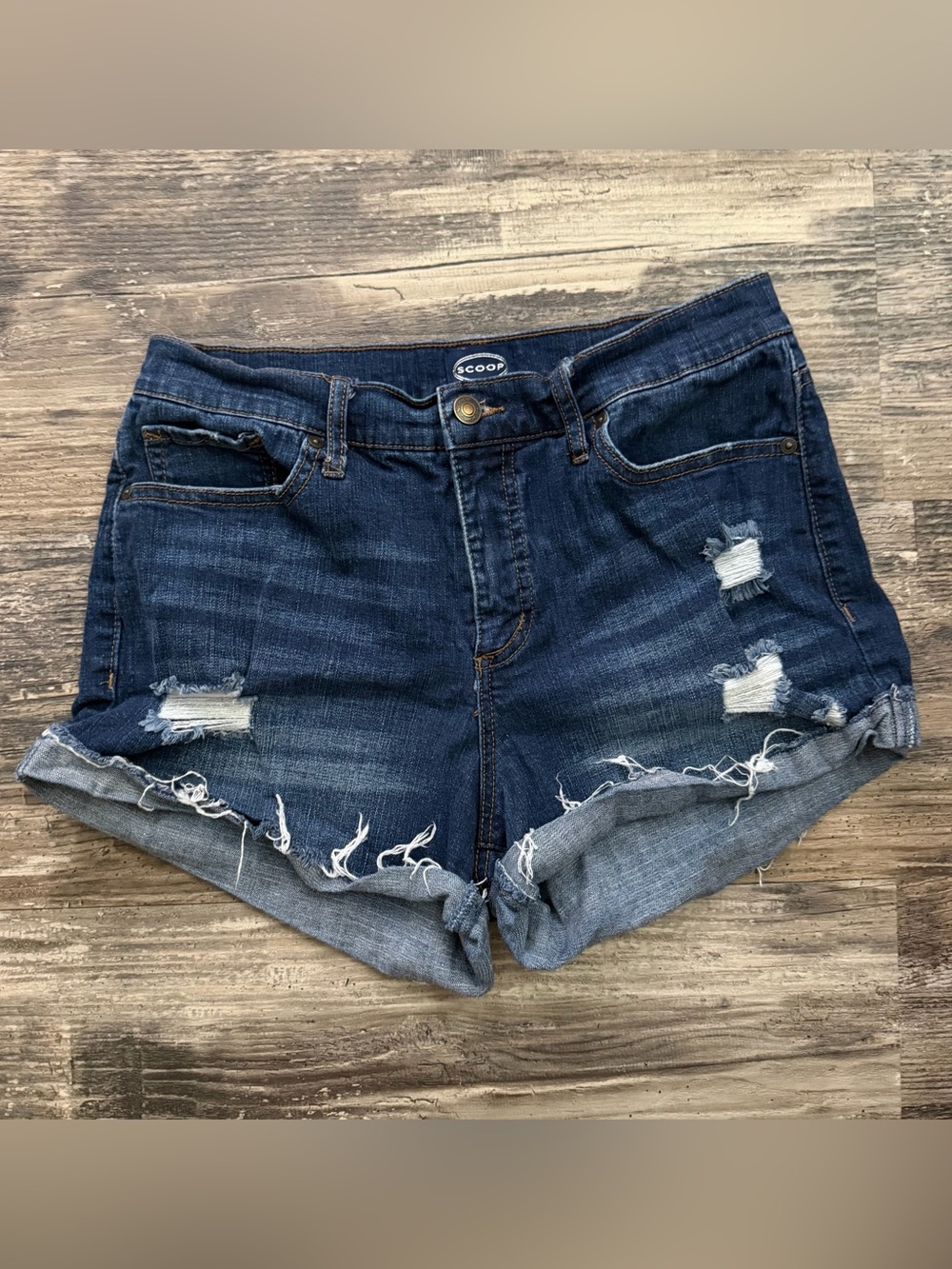 Scoop retro boy ripped cut off dark wash blue denim jean shorts women’s 8